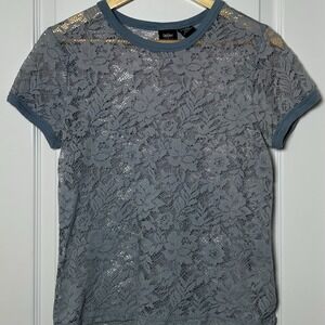 Mossimo‎ Vintage Y2K Dusty Blue Floral Lace Sheer Overlay Stretch Fitted T-Shirt